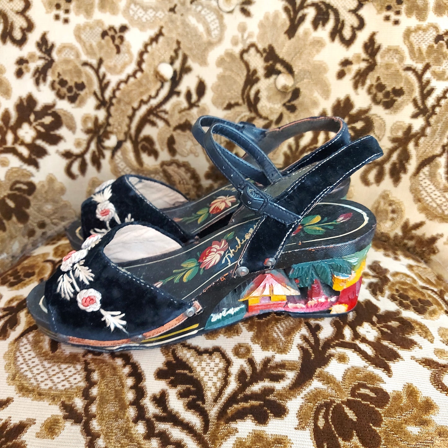 1940's hand painted Carved Wooden Shoes