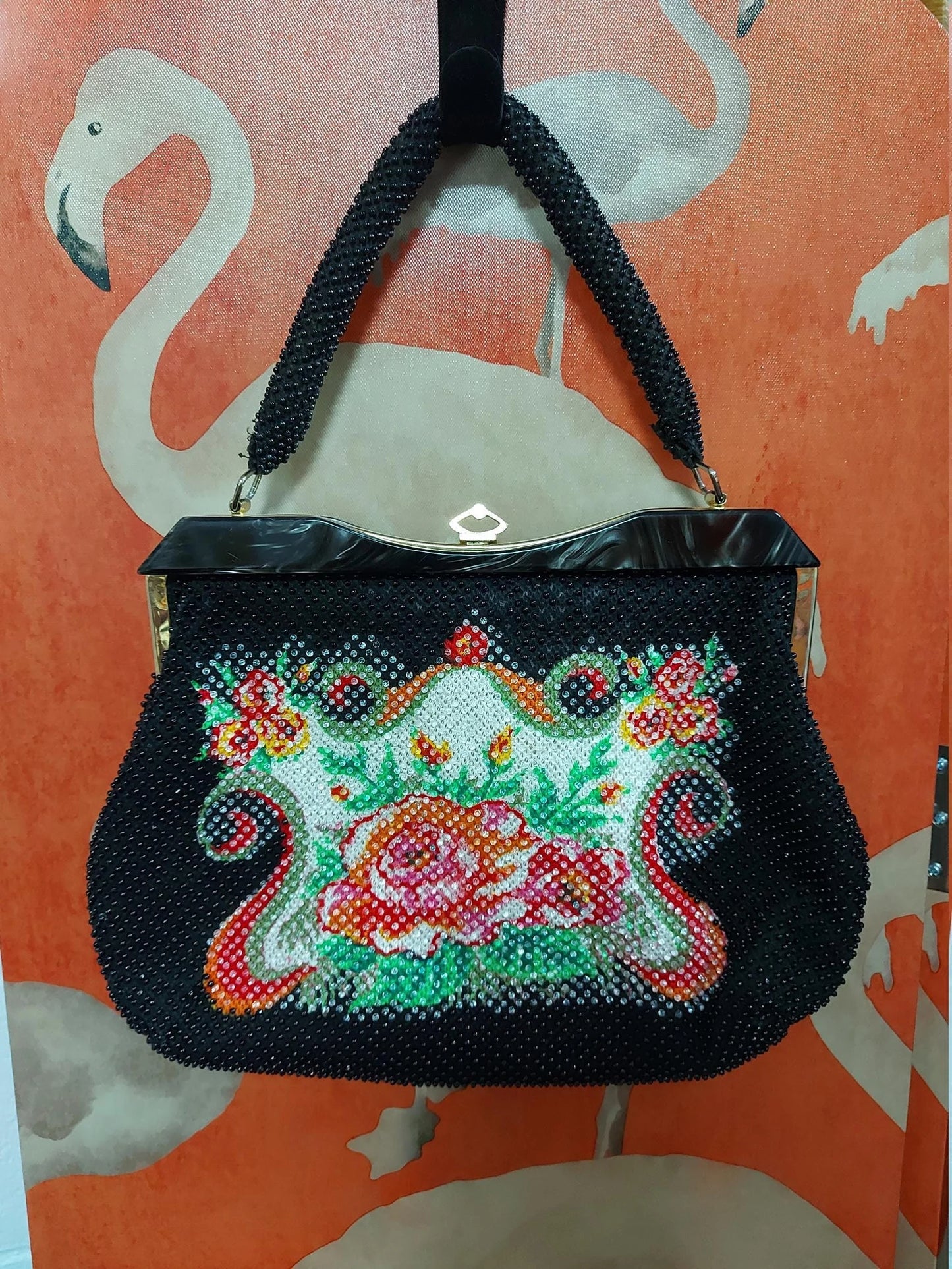 1960's Beaded Handbag with Lucite trim and brass fastening