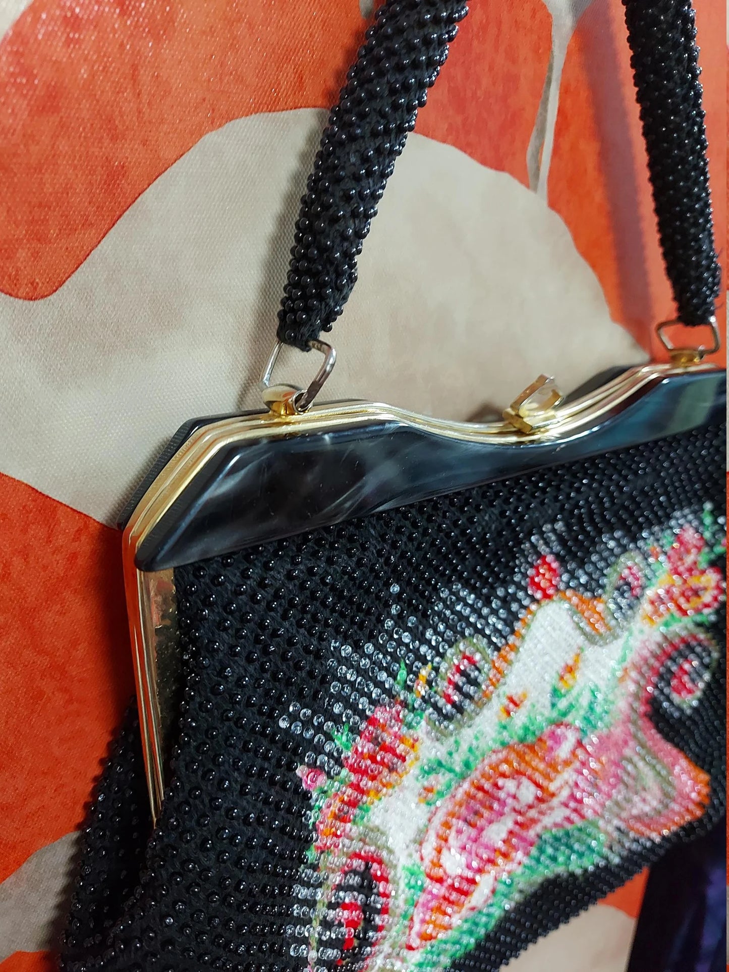1960's Beaded Handbag with Lucite trim and brass fastening