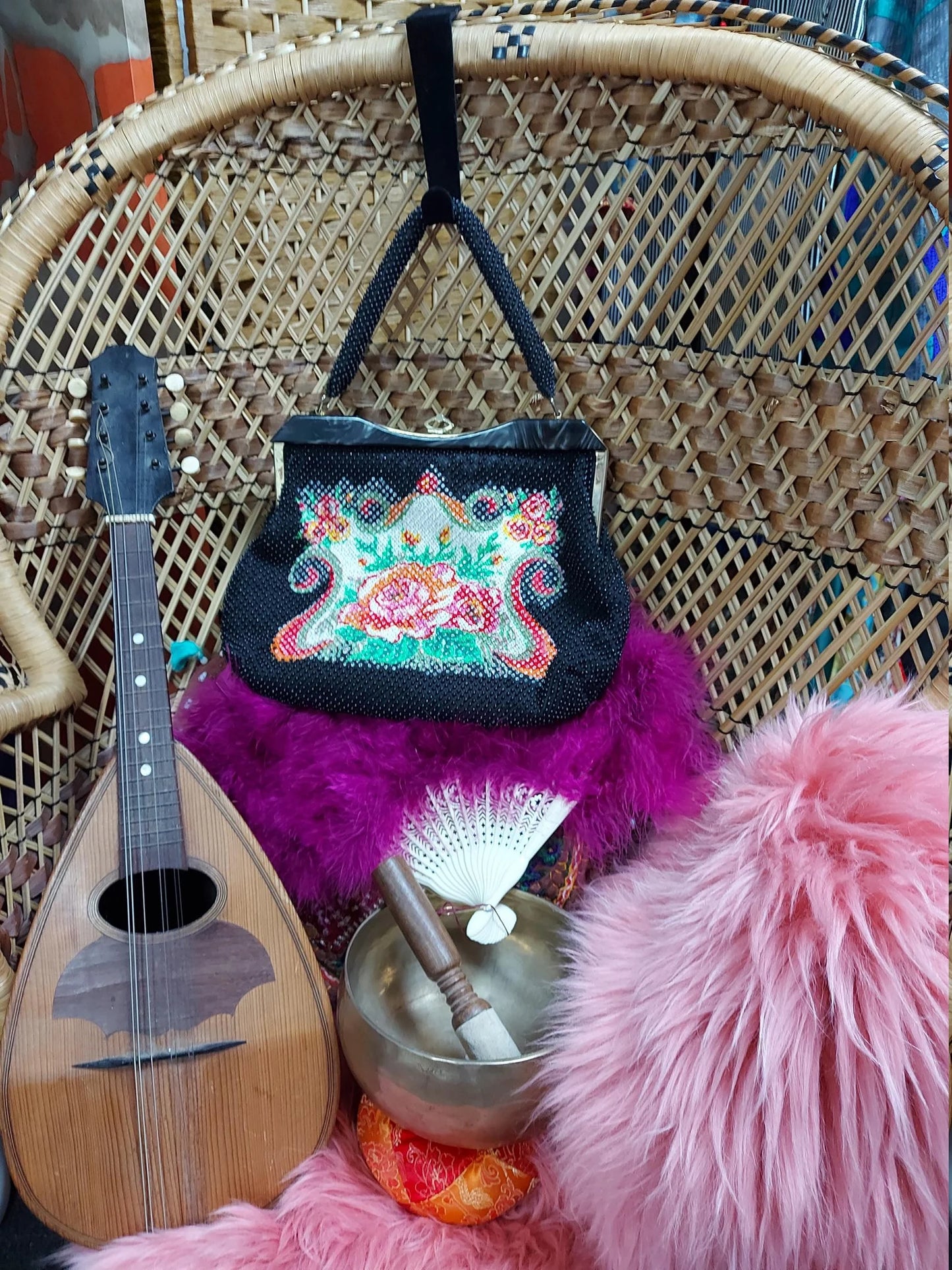 1960's Beaded Handbag with Lucite trim and brass fastening