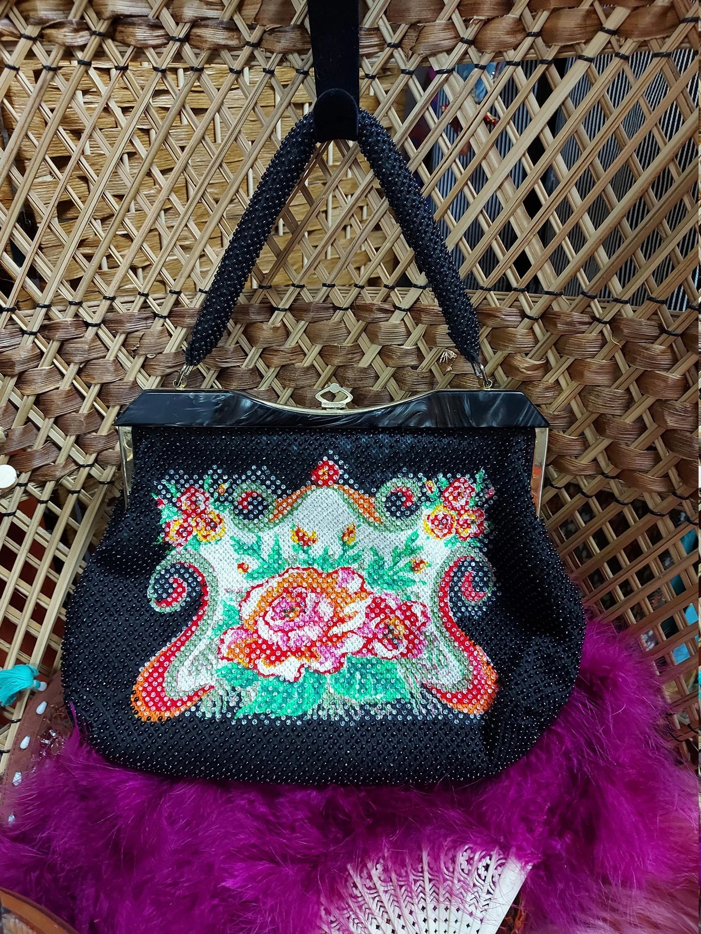 1960's Beaded Handbag with Lucite trim and brass fastening