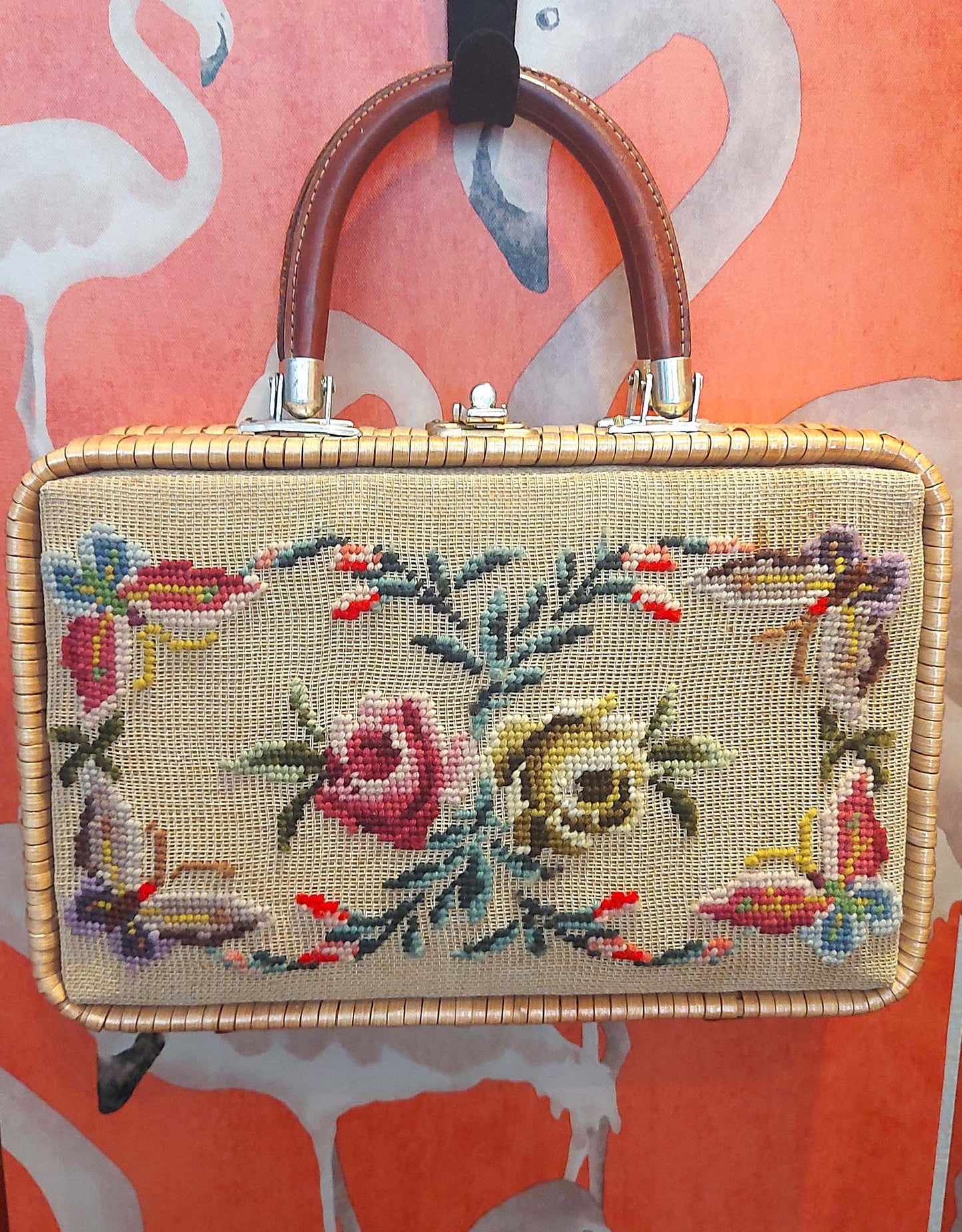 Beautiful 1950's Butterfly and Floral Needlepoint and Wicker Bag