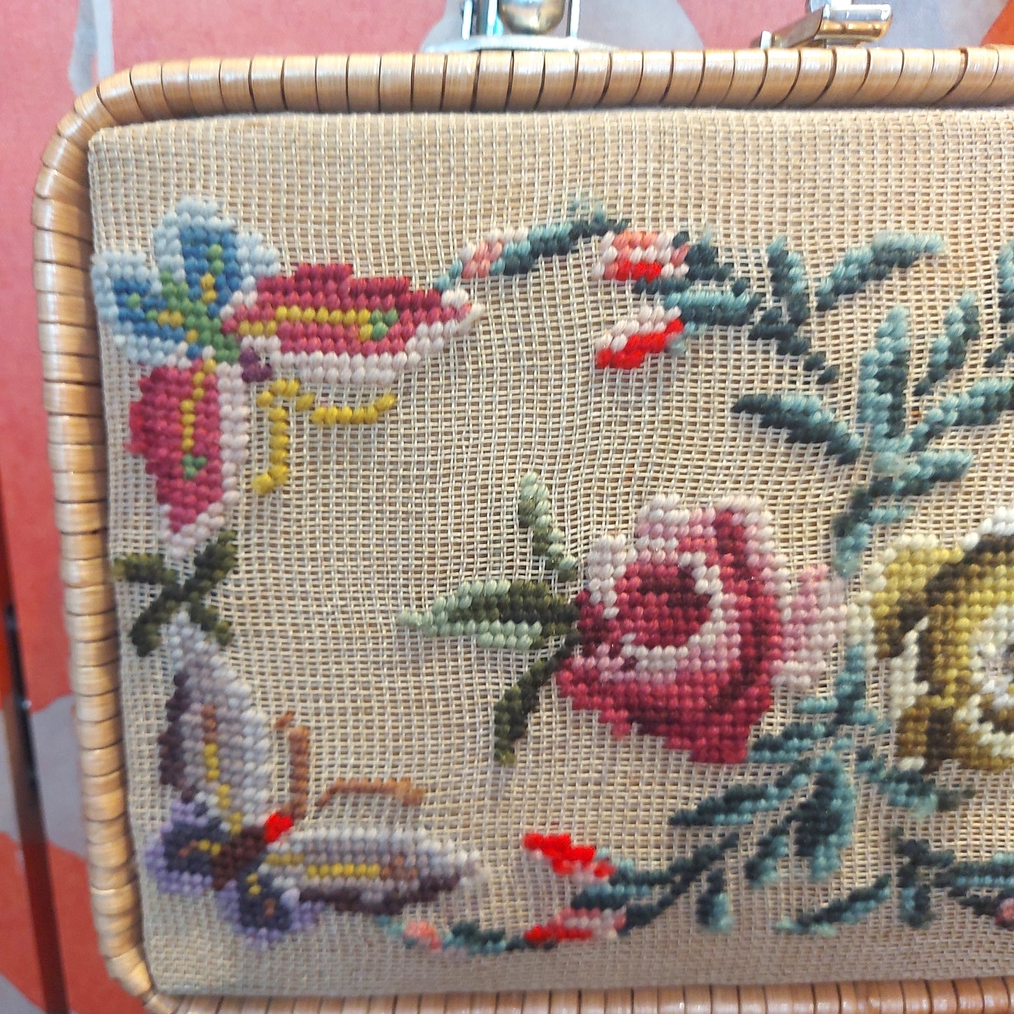 Beautiful 1950's Butterfly and Floral Needlepoint and Wicker Bag