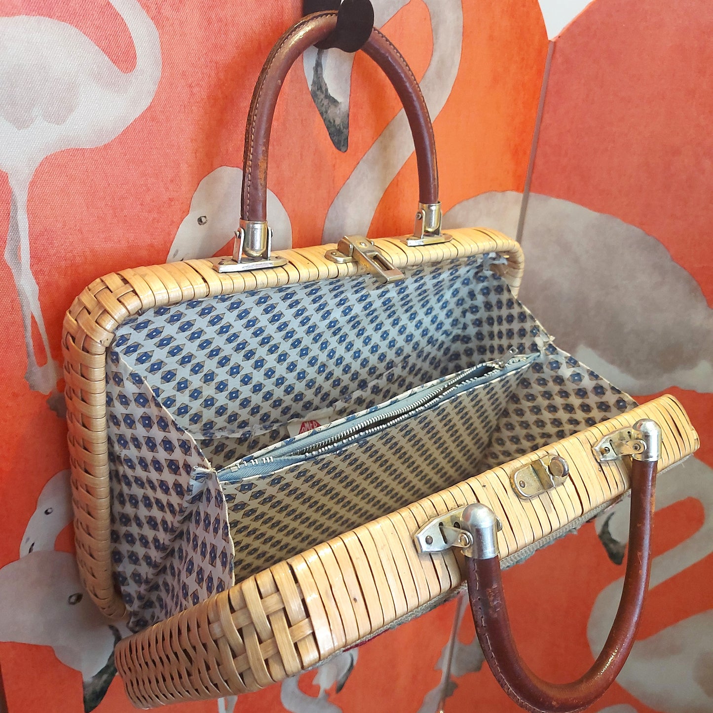 Beautiful 1950's Butterfly and Floral Needlepoint and Wicker Bag