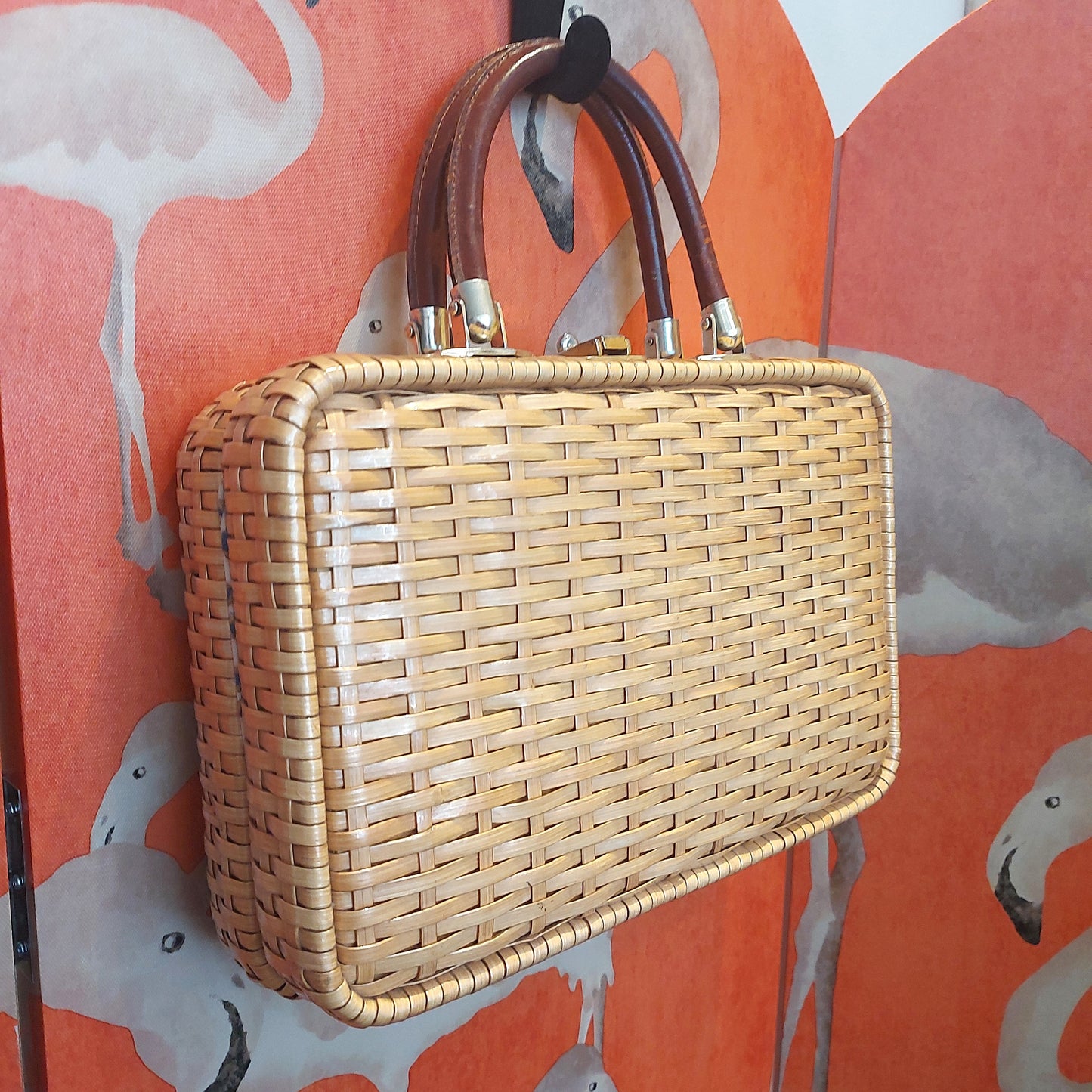 Beautiful 1950's Butterfly and Floral Needlepoint and Wicker Bag
