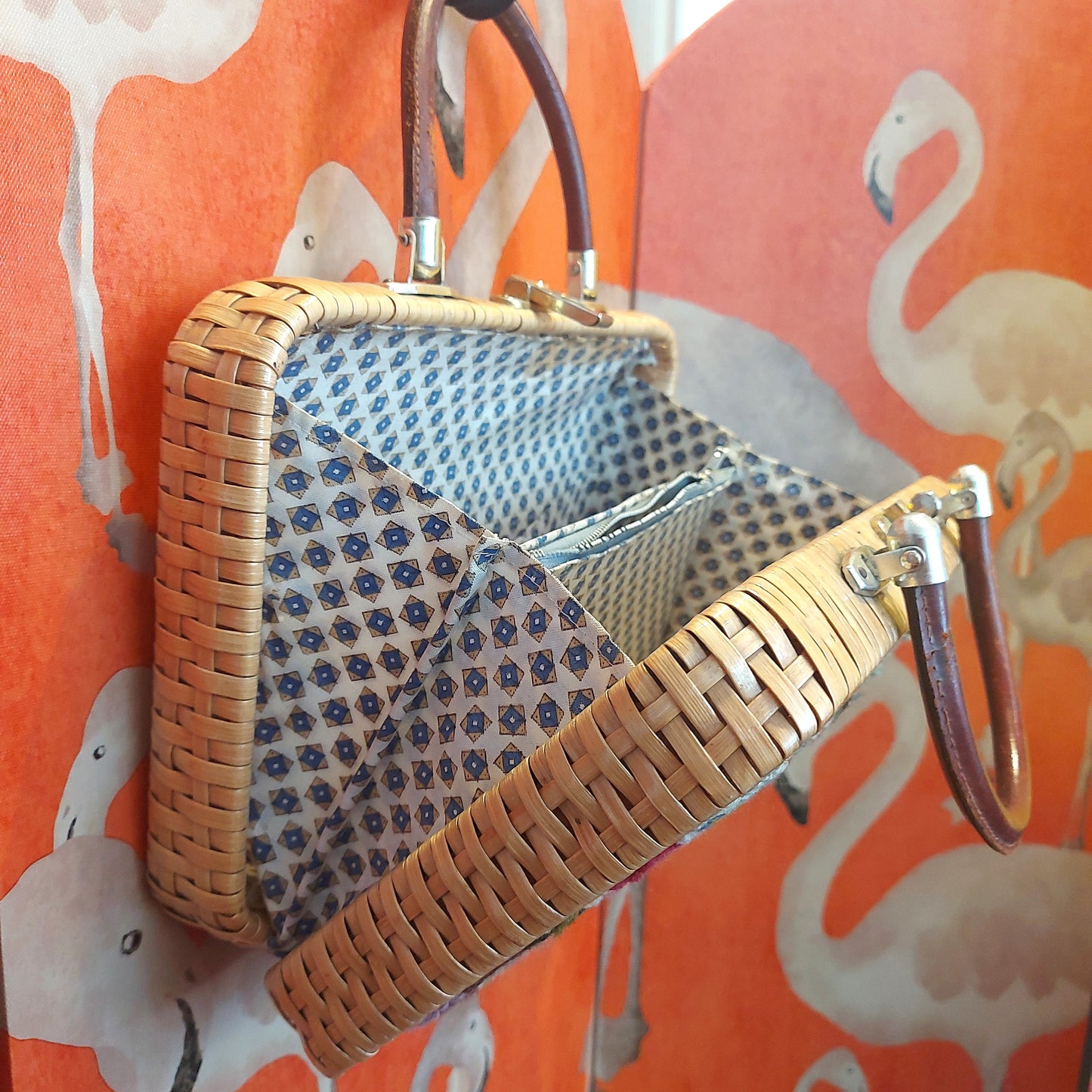 Beautiful 1950's Butterfly and Floral Needlepoint and Wicker Bag