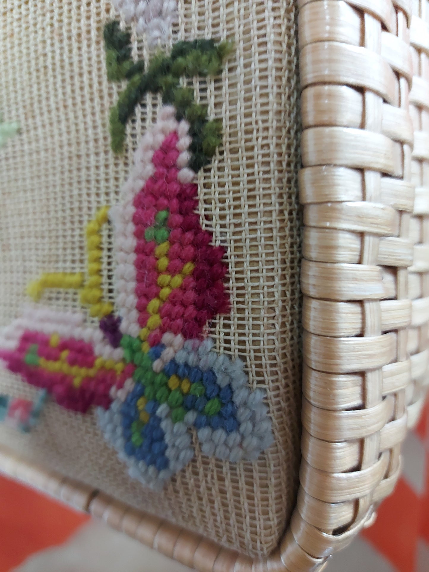 Beautiful 1950's Butterfly and Floral Needlepoint and Wicker Bag
